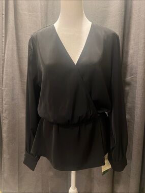 Halara Black Surplice V-Neck Wrap Long Sleeve Work Blouse M Office Career